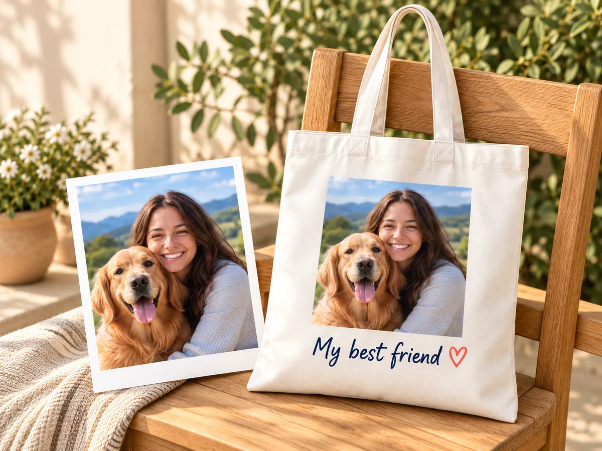 A woman-and-dog photo shown beside a tote bag personalised with the same photo.
