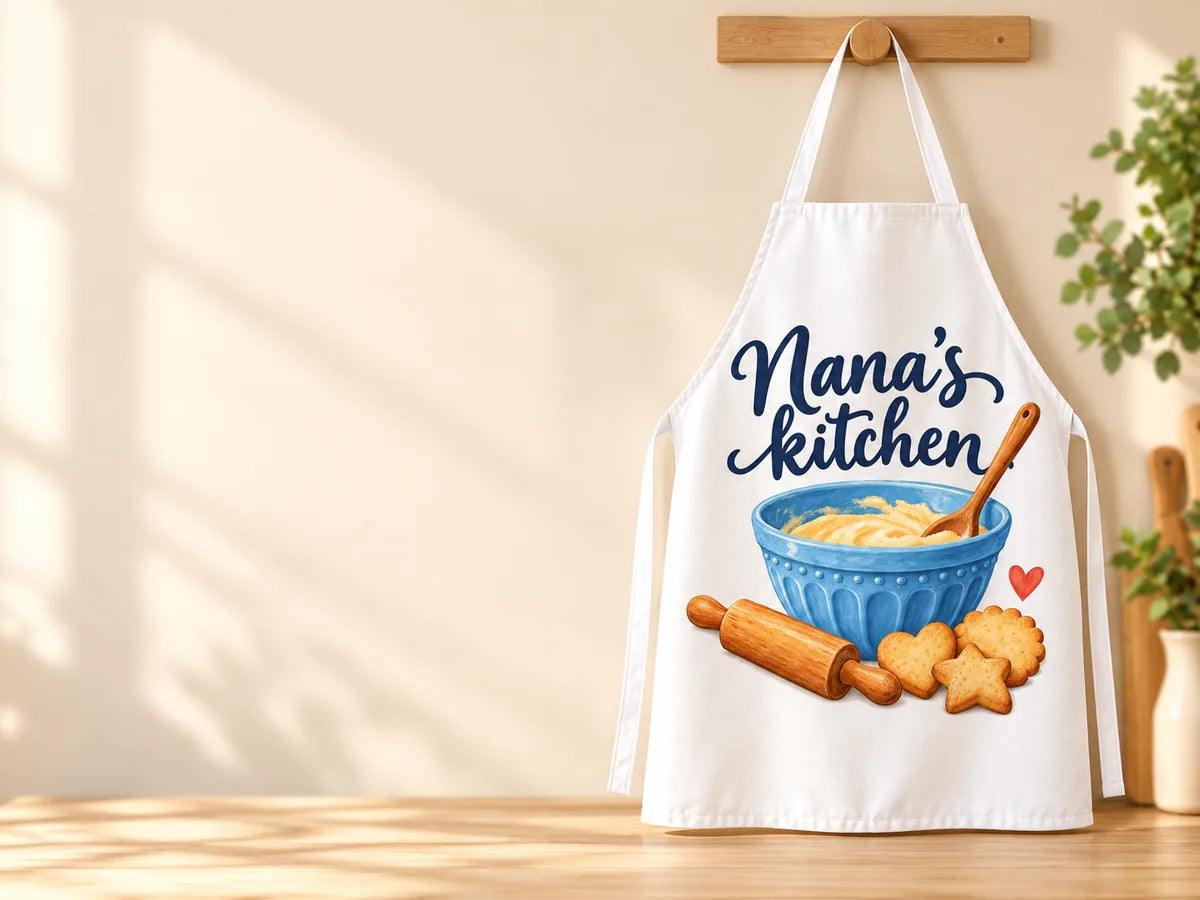 A white apron printed with Nana's kitchen and a blue mixing bowl illustration.