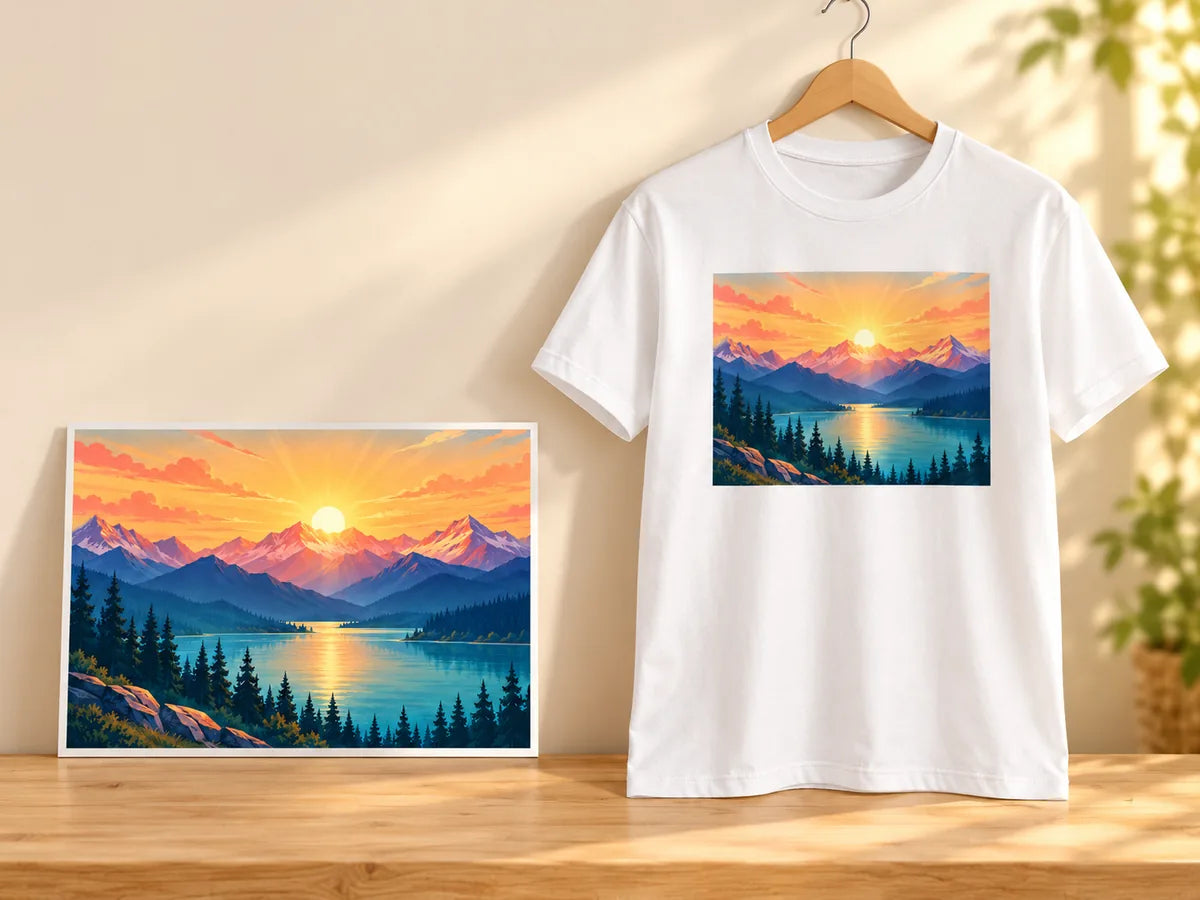 A colourful mountain-sunrise illustration beside a white T-shirt printed with matching artwork.